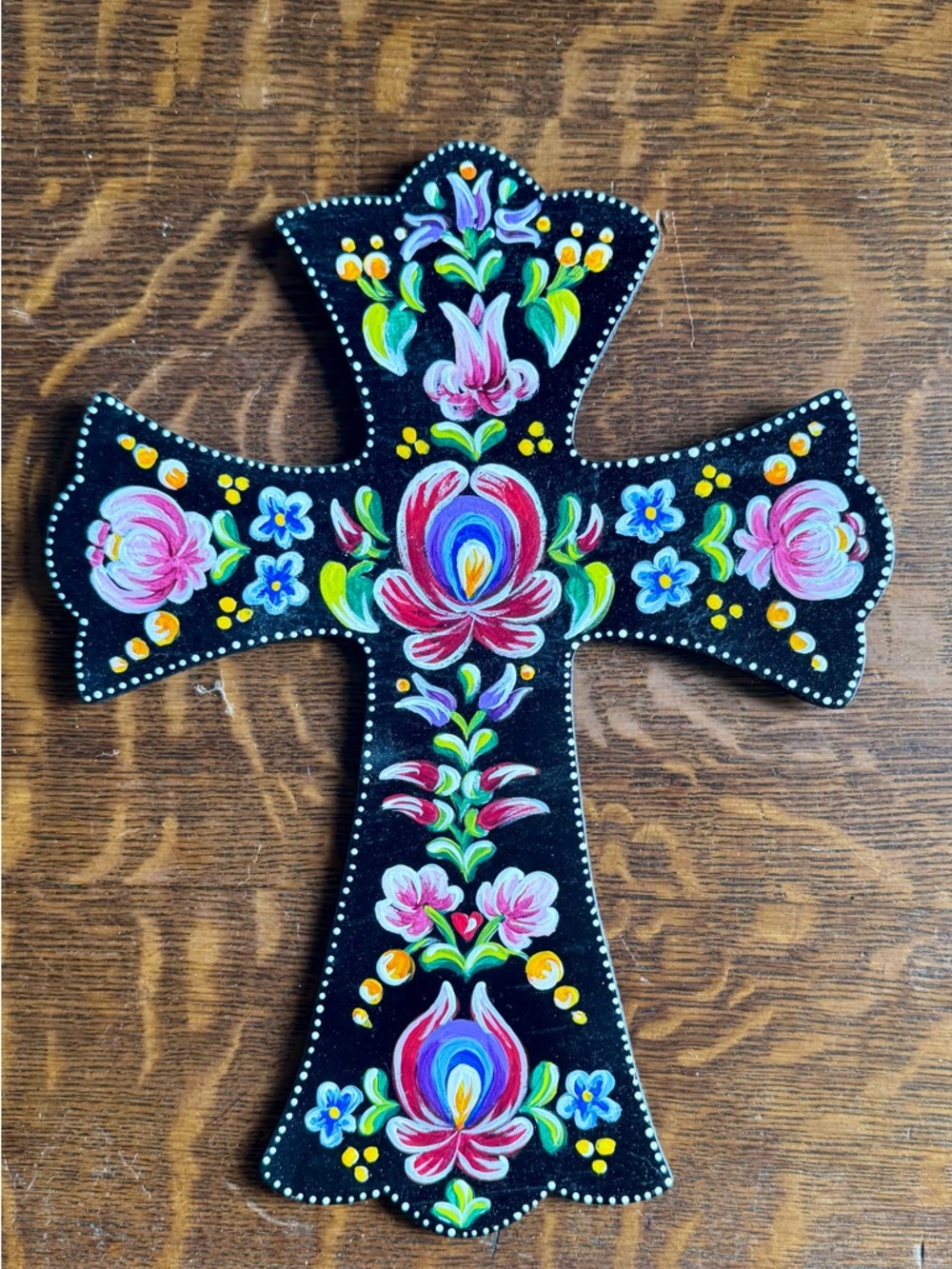 Hand-Painted Floral Decorative Cross - Black with Pink & Blue Accents